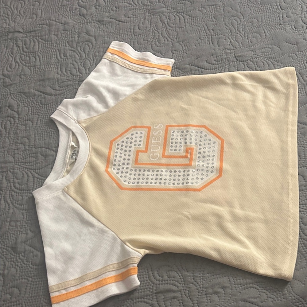 Guess Kids Beige and White Tee with Orange Accents